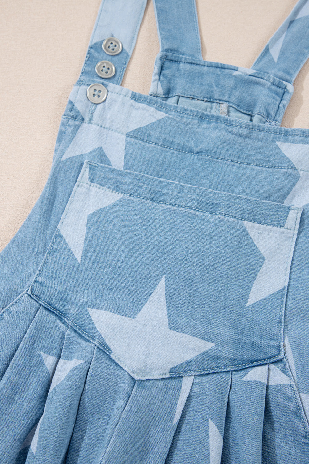 Light Blue Star Printed Buttoned Straps Pocketed Denim Romper Jumpsuits & Rompers JT's Designer Fashion