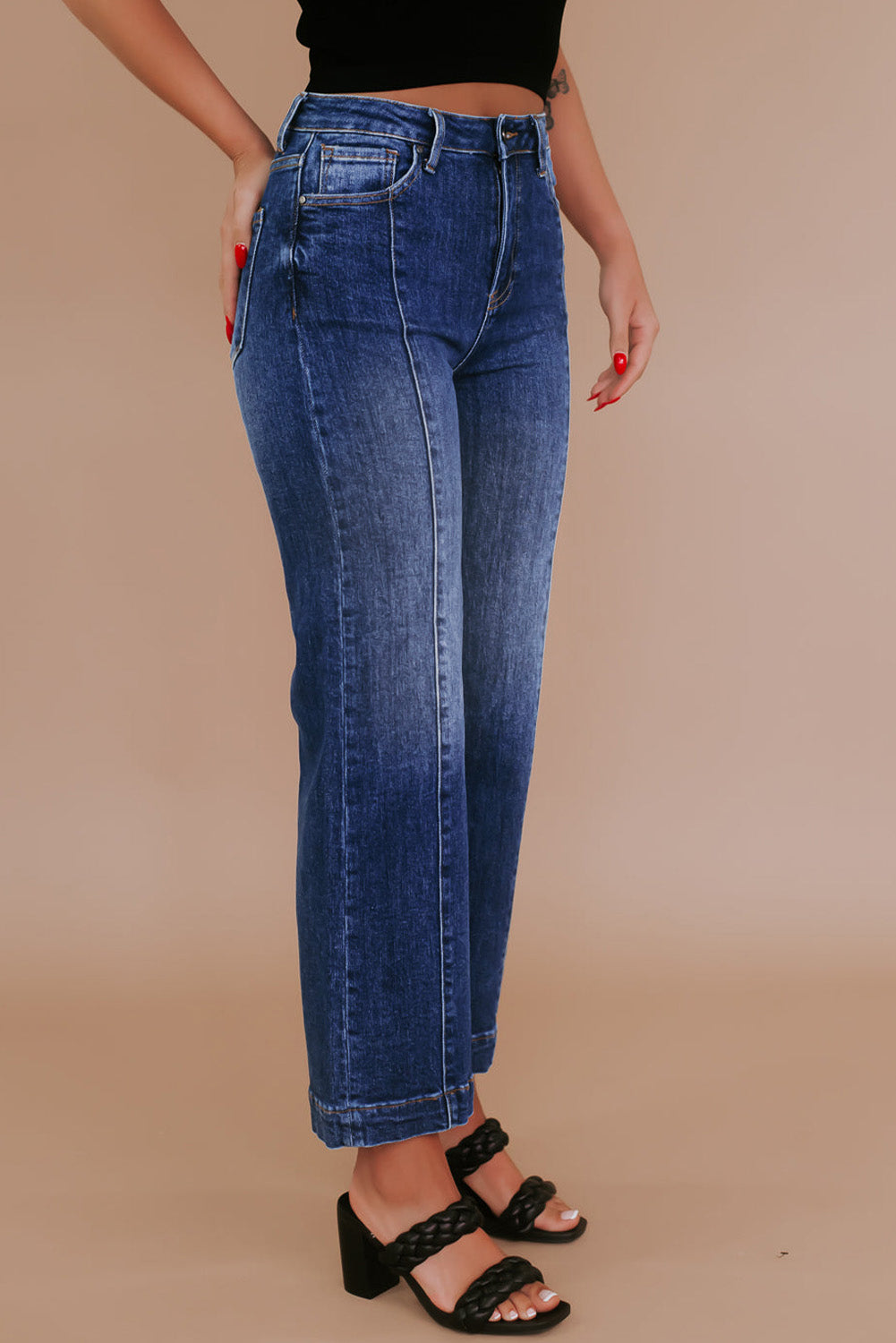 Navy Blue Plus Size Seamed Wide Leg High Waist Jeans Plus Size Bottoms JT's Designer Fashion