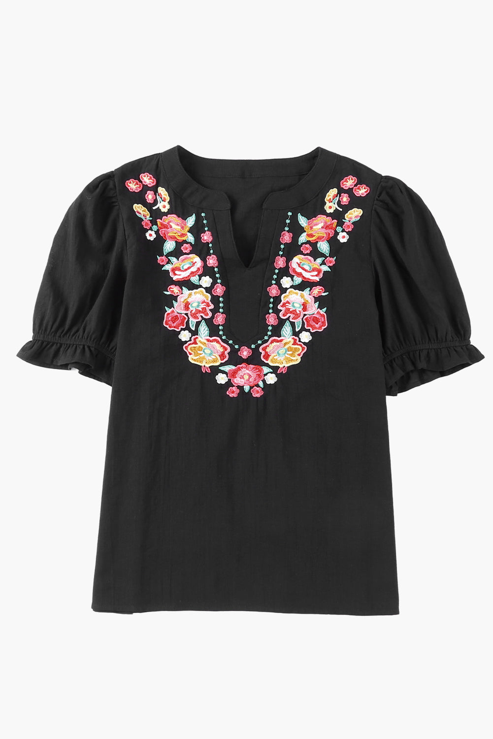 Black Floral Embroidered Ruffled Puff Sleeve Blouse Blouses & Shirts JT's Designer Fashion