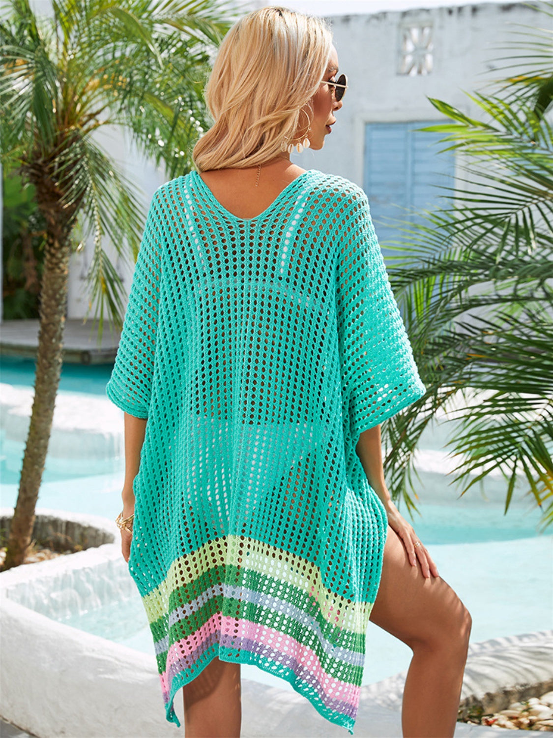 Slit Openwork V-Neck Half Sleeve Cover-Up Beach Cover-ups JT's Designer Fashion