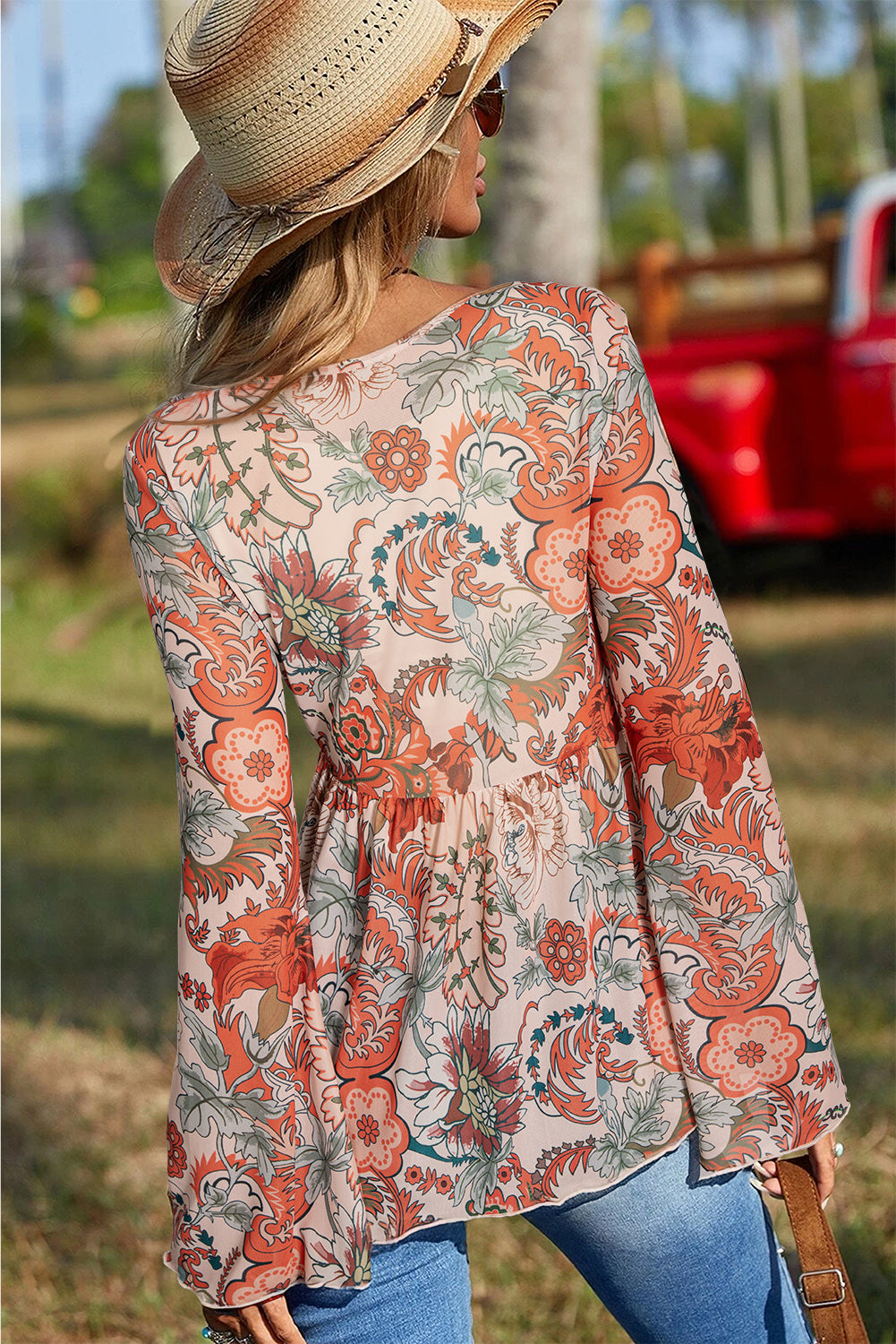 Orange Floral Print Deep V Neck Knot Bell Sleeve Blouse Blouses & Shirts JT's Designer Fashion