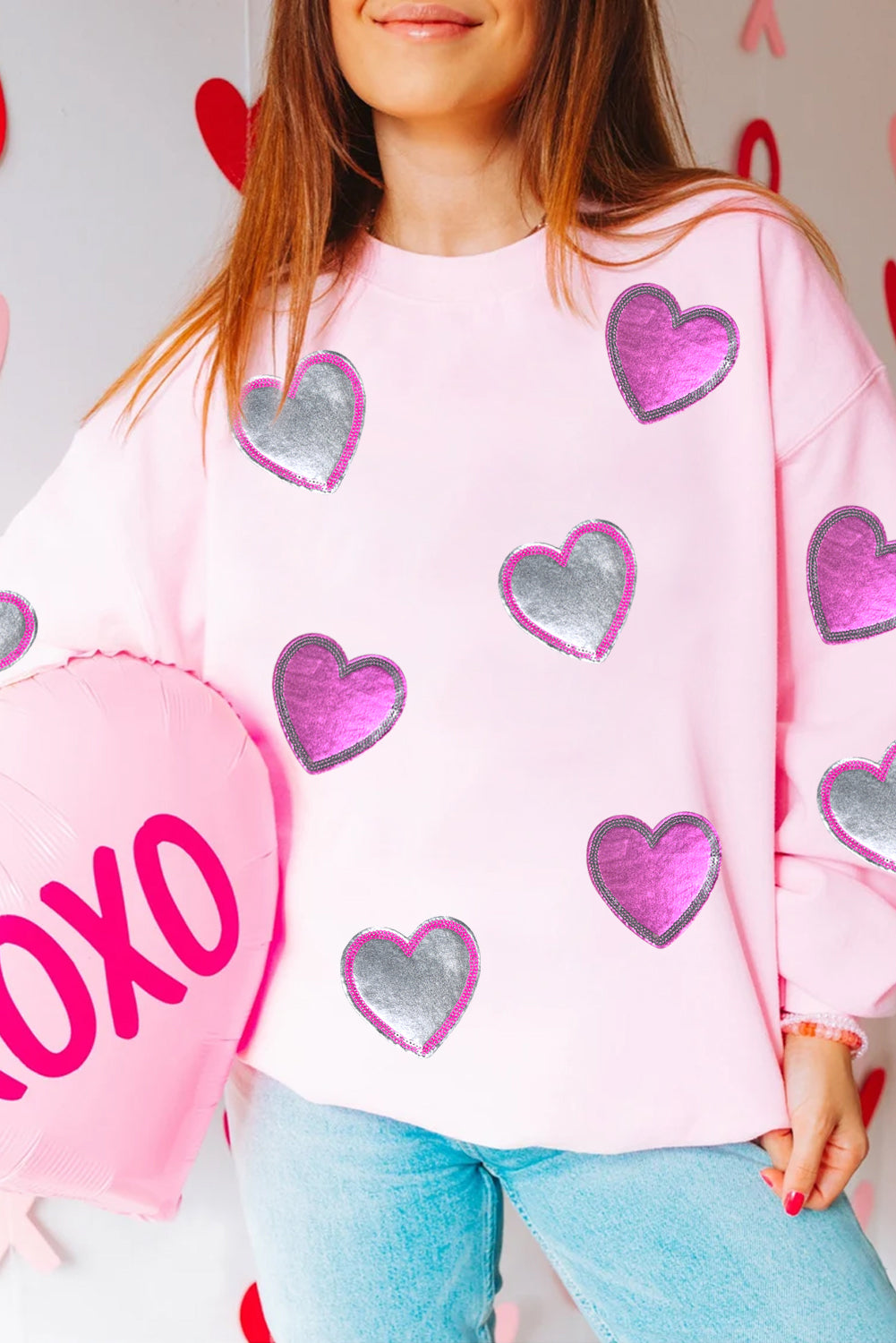 Pink Valentines Heart Patched Drop Shoulder Sweatshirt Graphic Sweatshirts JT's Designer Fashion