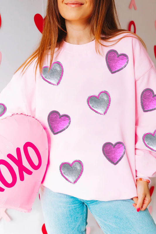 Pink Valentines Heart Patched Drop Shoulder Sweatshirt Graphic Sweatshirts JT's Designer Fashion