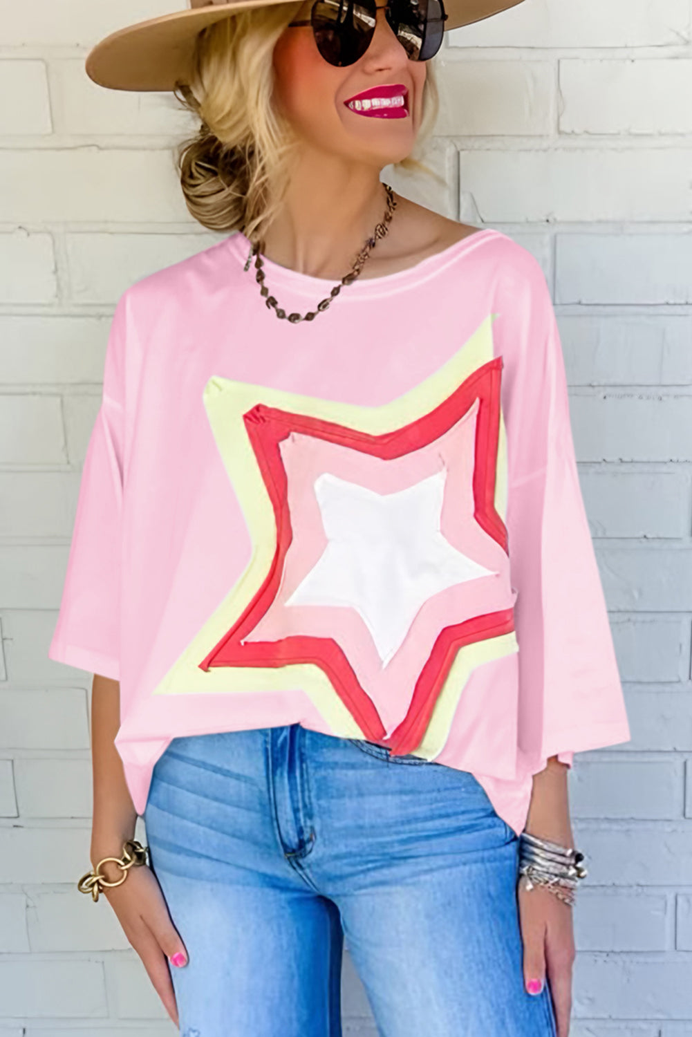 Light Pink Colorblock Star Patched Half Sleeve Oversized Tee Tops & Tees JT's Designer Fashion