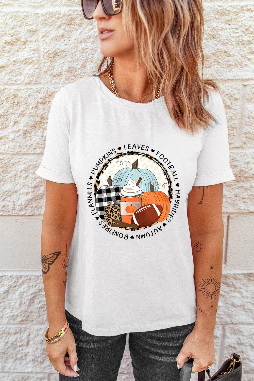 White Autumn Vibes Pumpkin Graphic T-shirt Graphic Tees JT's Designer Fashion