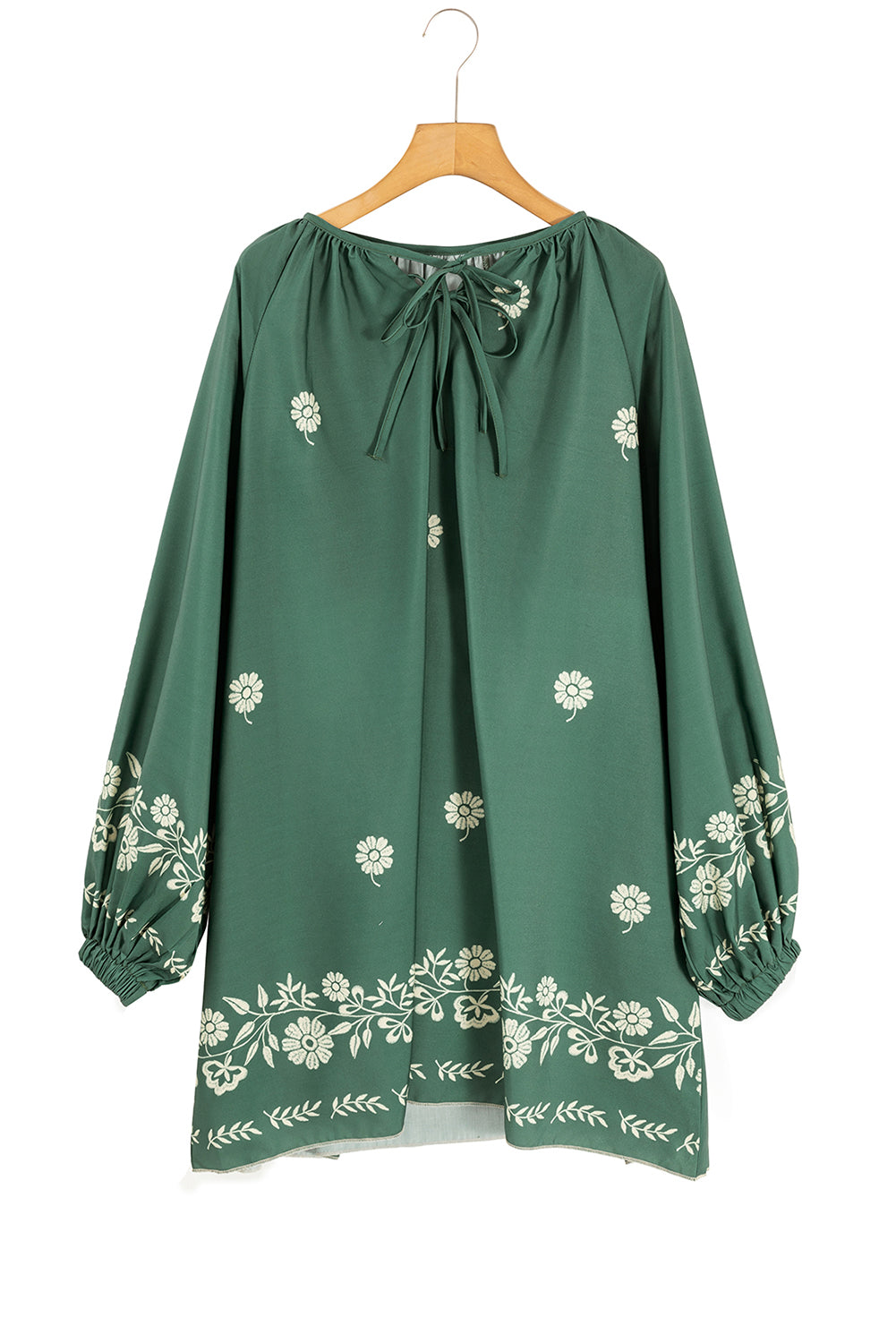 Mist Green Tie Neck Boho Floral Pattern Puff Sleeve Shift Dress Mini Dresses JT's Designer Fashion