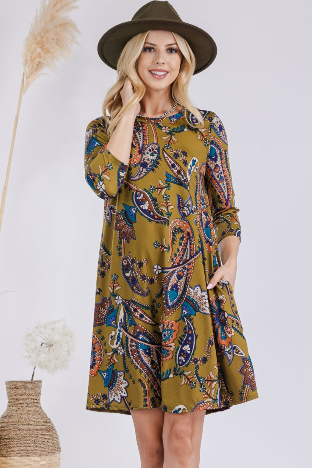 Celeste Full Size Paisley Print Round Neck Dress with Pockets Mini Dresses JT's Designer Fashion