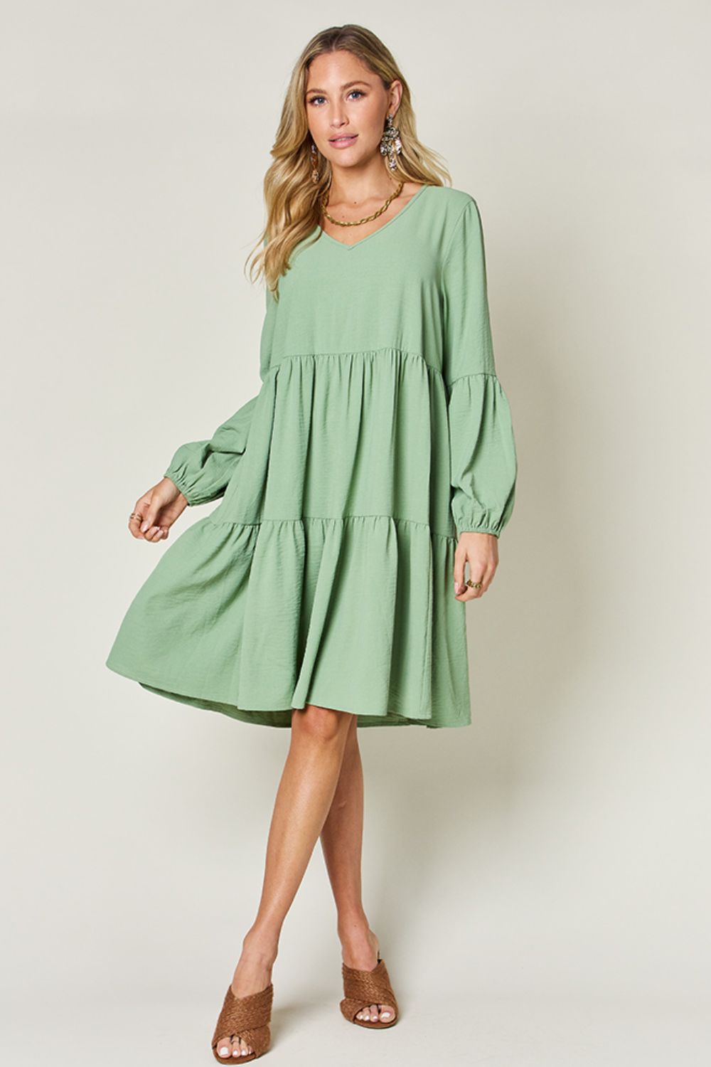 Double Take Full Size V-Neck Balloon Sleeve Tiered Dress with Pockets Mini Dresses JT's Designer Fashion