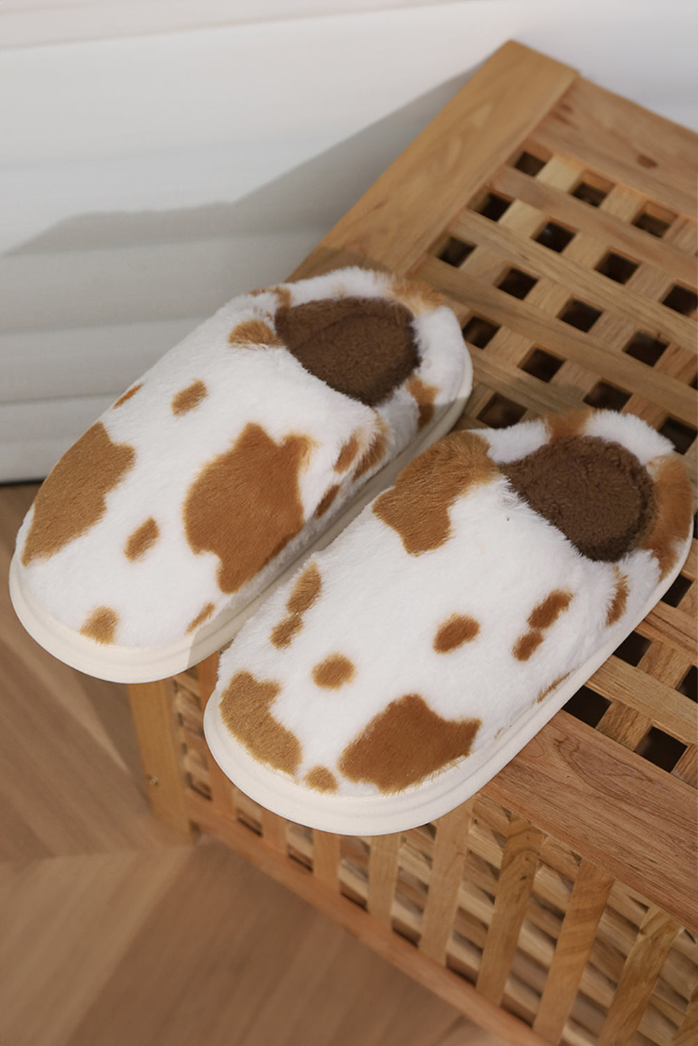 Chestnut Cow Spot Printed Plush Home Slippers Slippers JT's Designer Fashion