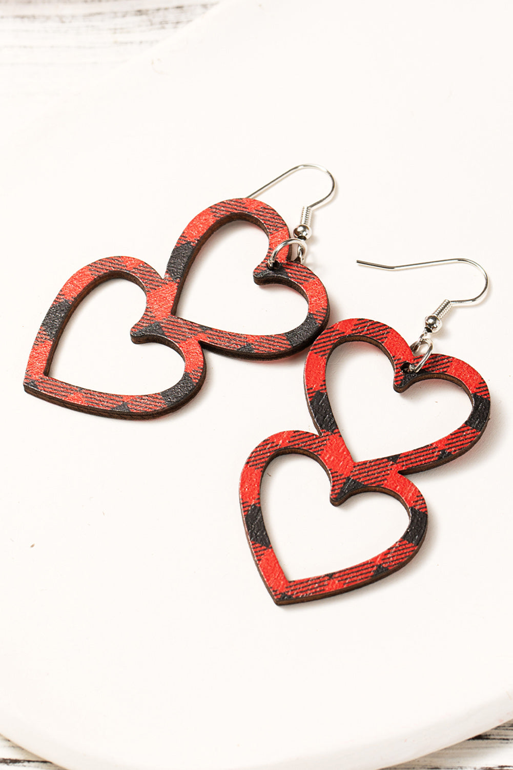 Fiery Red Valentines Day Plaid Double Love Heart Wooden Earrings Jewelry JT's Designer Fashion