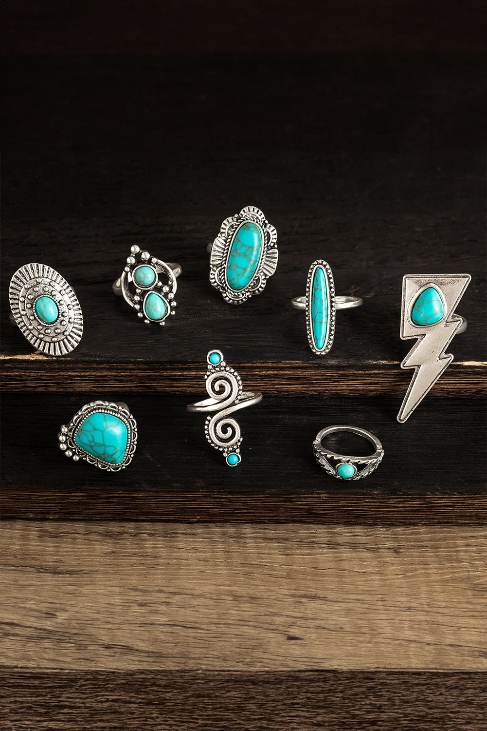 Silvery 8pcs Turquoise Inlay Western Ring Set Jewelry JT's Designer Fashion