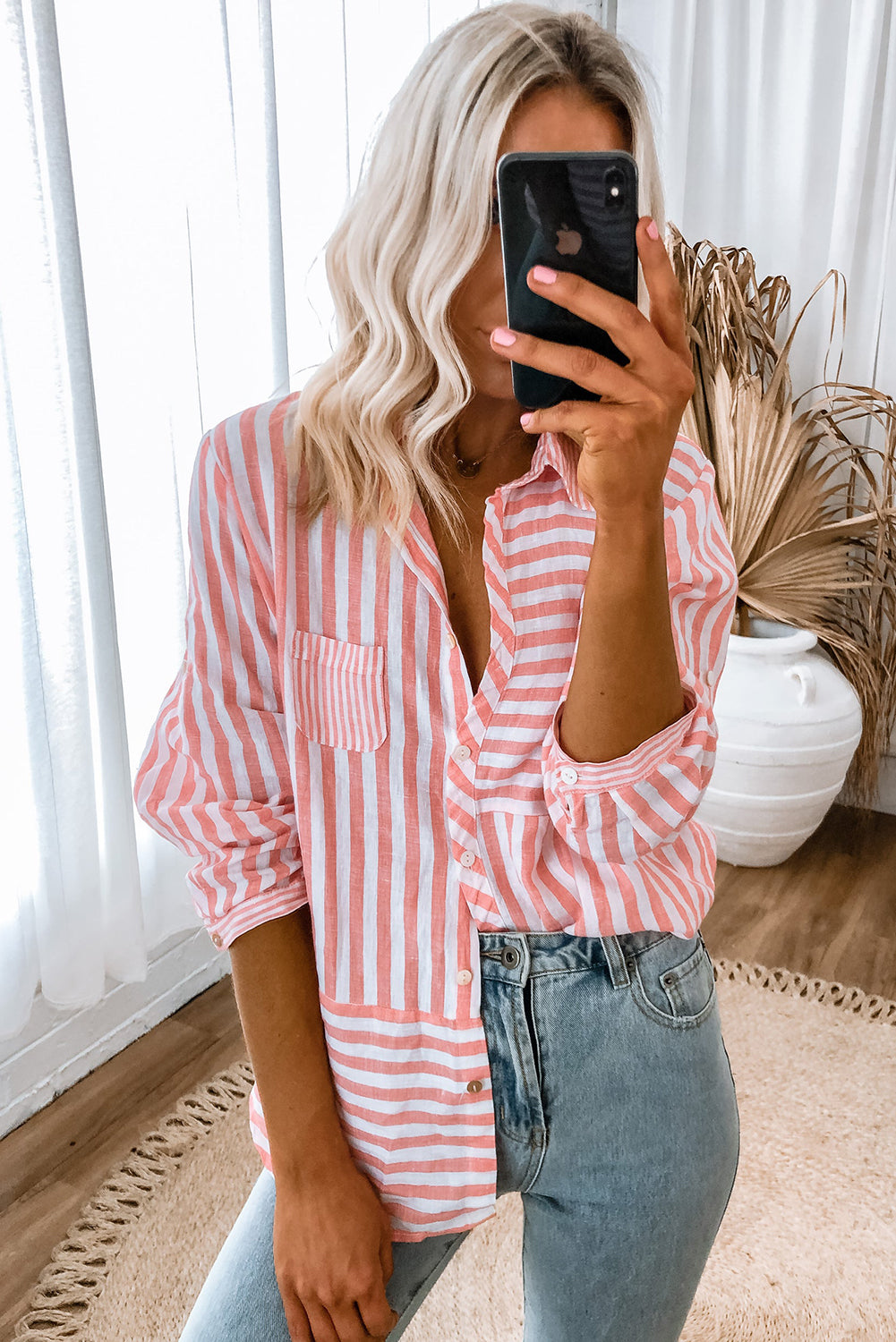 Pink Stripe Buttoned Long Sleeve Casual Shirt Blouses & Shirts JT's Designer Fashion