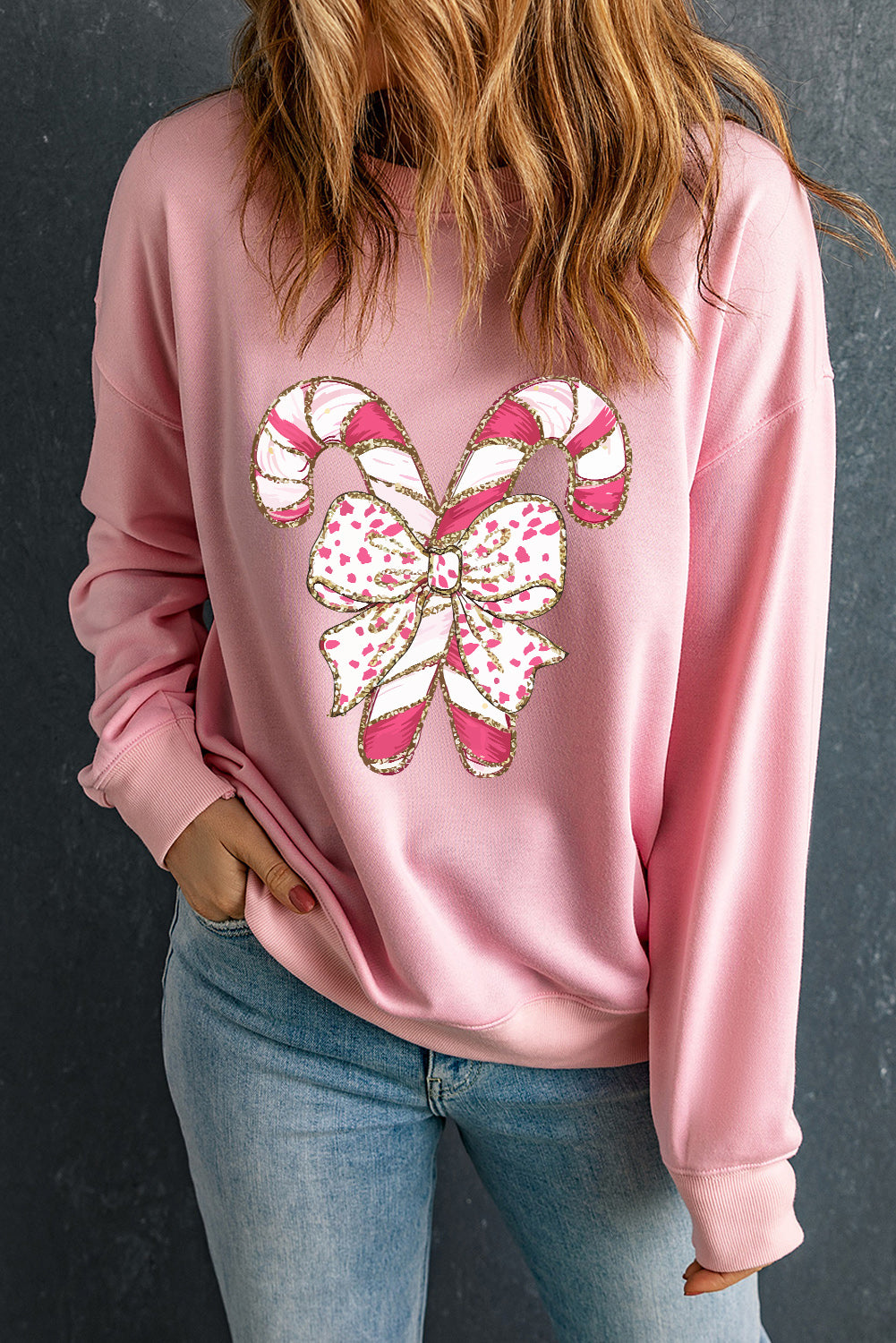 Pink Christmas Bow Candy Cane Graphic Drop Shoulder Crew Neck Sweatshirt Graphic Sweatshirts JT's Designer Fashion