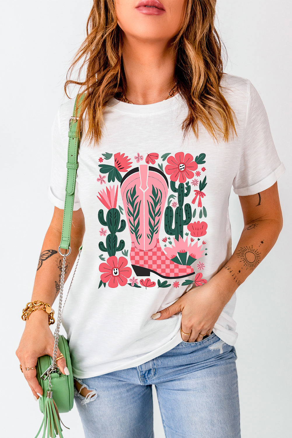 White Western Boots Flower Print Round Neck T Shirt Graphic Tees JT's Designer Fashion