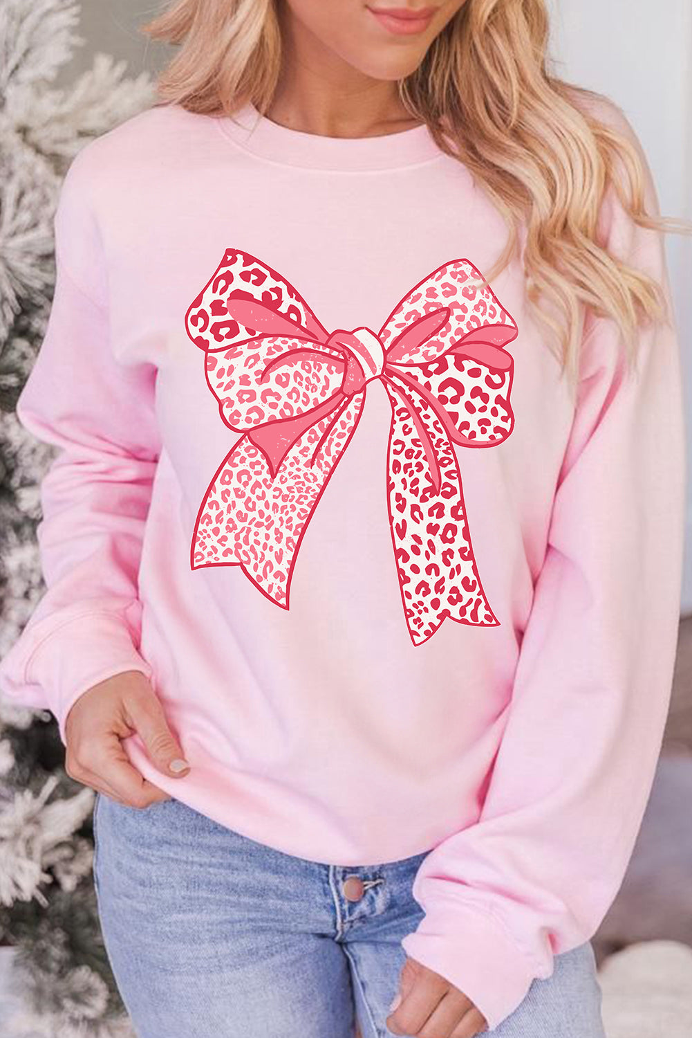 Pink Leopard Bowknot Printed Crewneck Pullover Sweatshirt Pink 50%Polyester+50%Cotton Graphic Sweatshirts JT's Designer Fashion