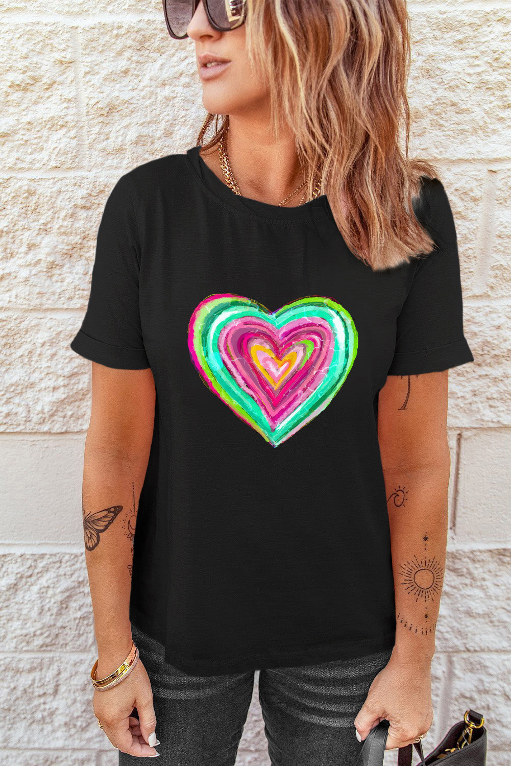 Black Valentine Heart Shaped Print Crew Neck T Shirt Graphic Tees JT's Designer Fashion