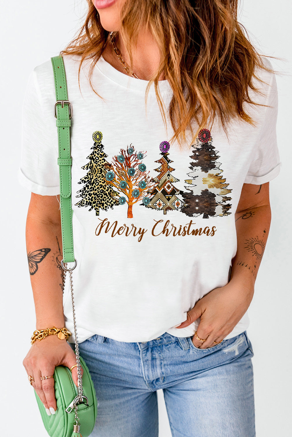 White Merry Christmas Turquoise Tree Graphic Tee Graphic Tees JT's Designer Fashion