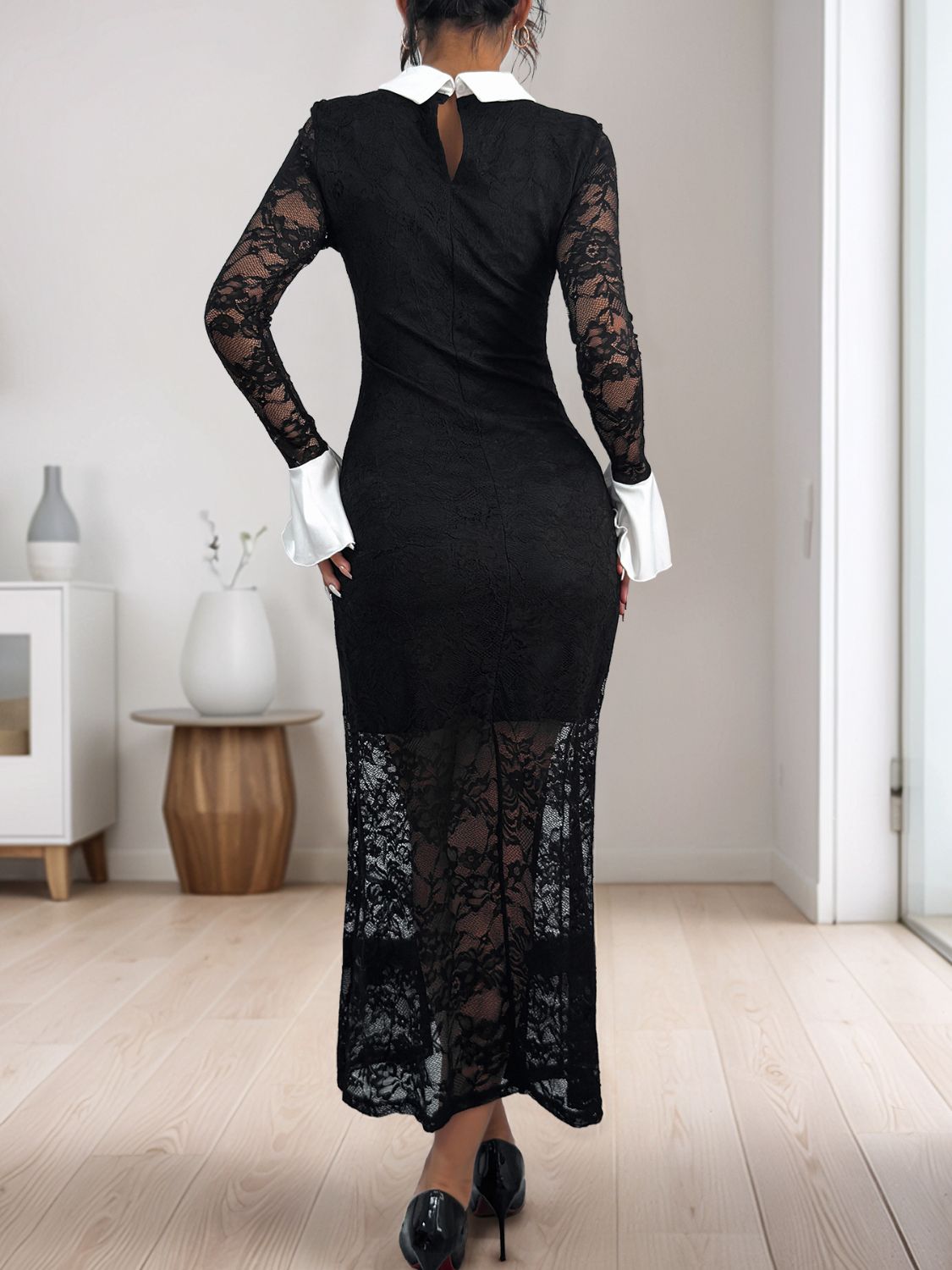 Perfee Lace Contrast Collared Neck Long Sleeve Midi Dress Midi Dresses JT's Designer Fashion