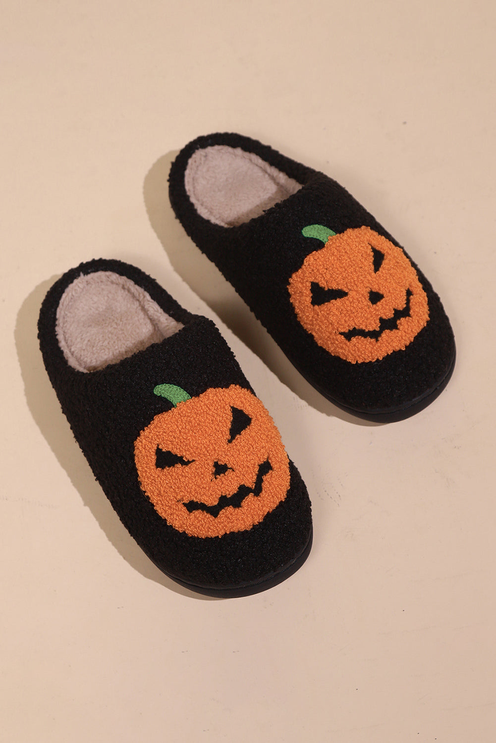 Black Halloween Pumpkin Print Plush Slippers Slippers JT's Designer Fashion