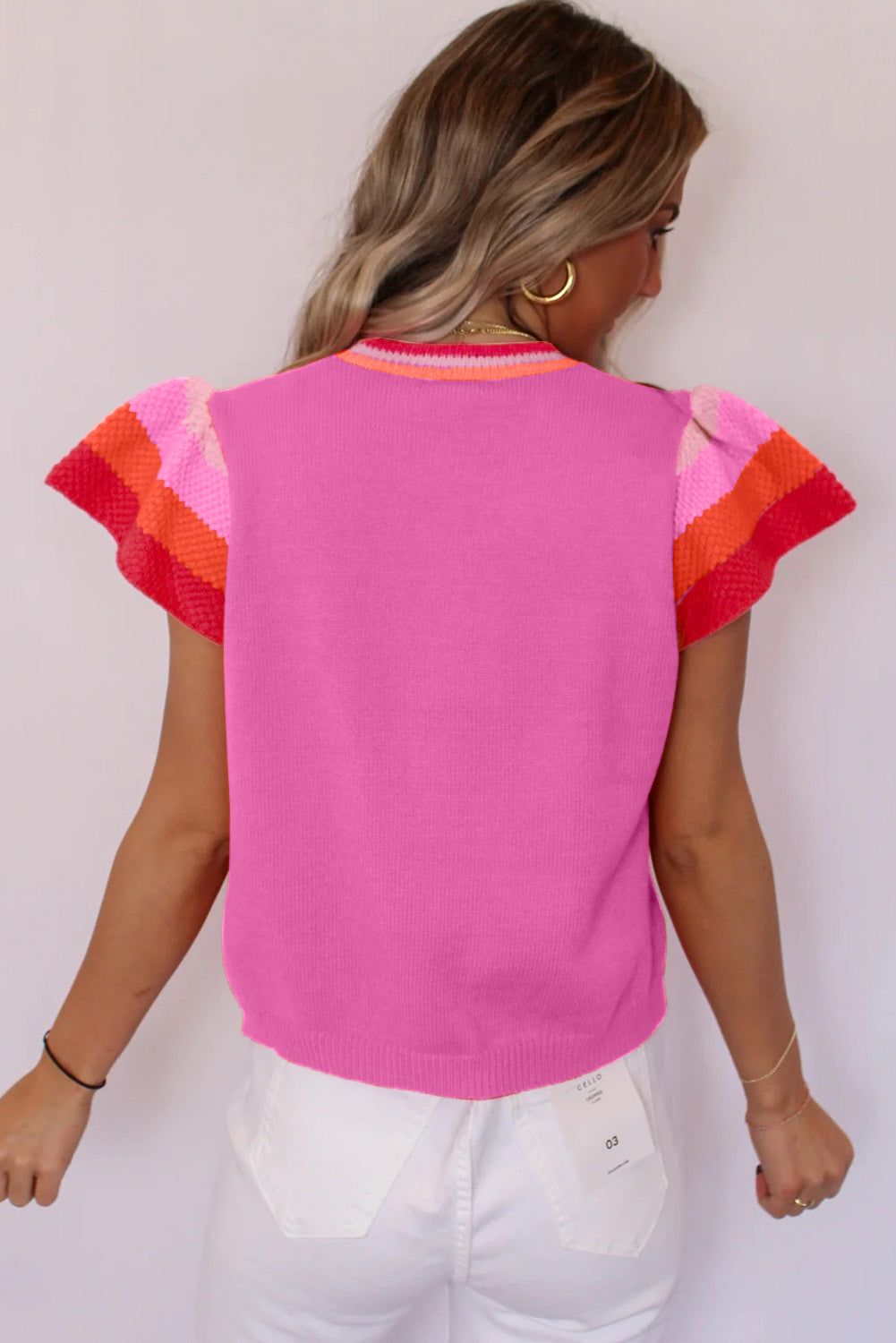 Bright Pink Knitted Contrast Sleeve Round Neck Tee Pre Order Sweaters & Cardigans JT's Designer Fashion