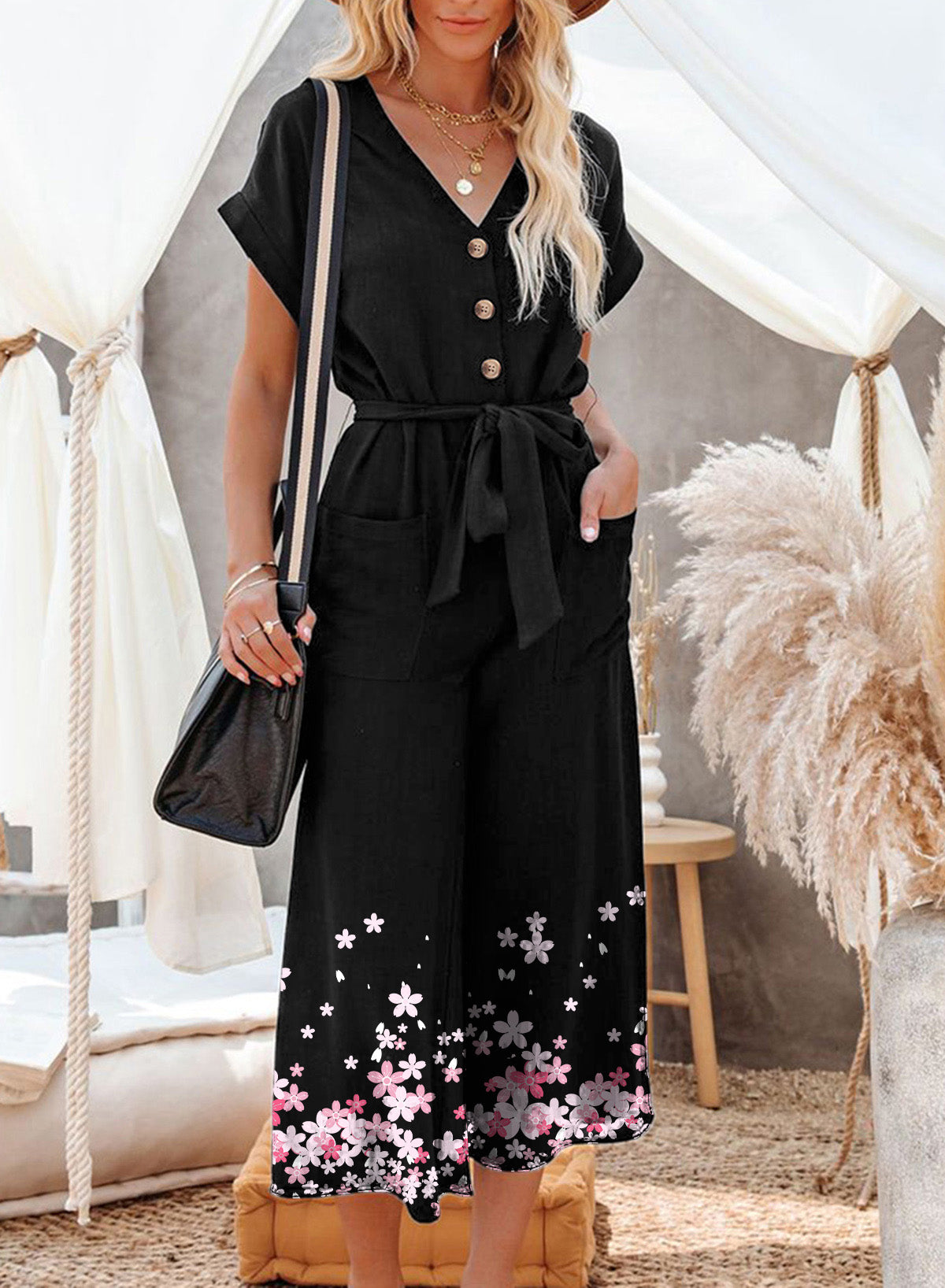 Black Floral Print Buttoned Lace-up Belted Wide Leg Jumpsuit Jumpsuits & Rompers JT's Designer Fashion