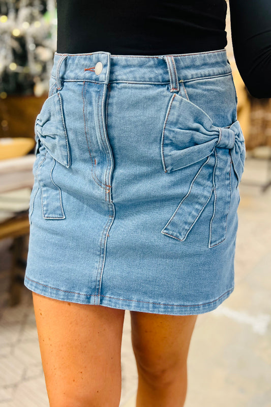 Dusk Blue Acid Wash Bowknot Details High Waist Denim Skirt Bottoms JT's Designer Fashion