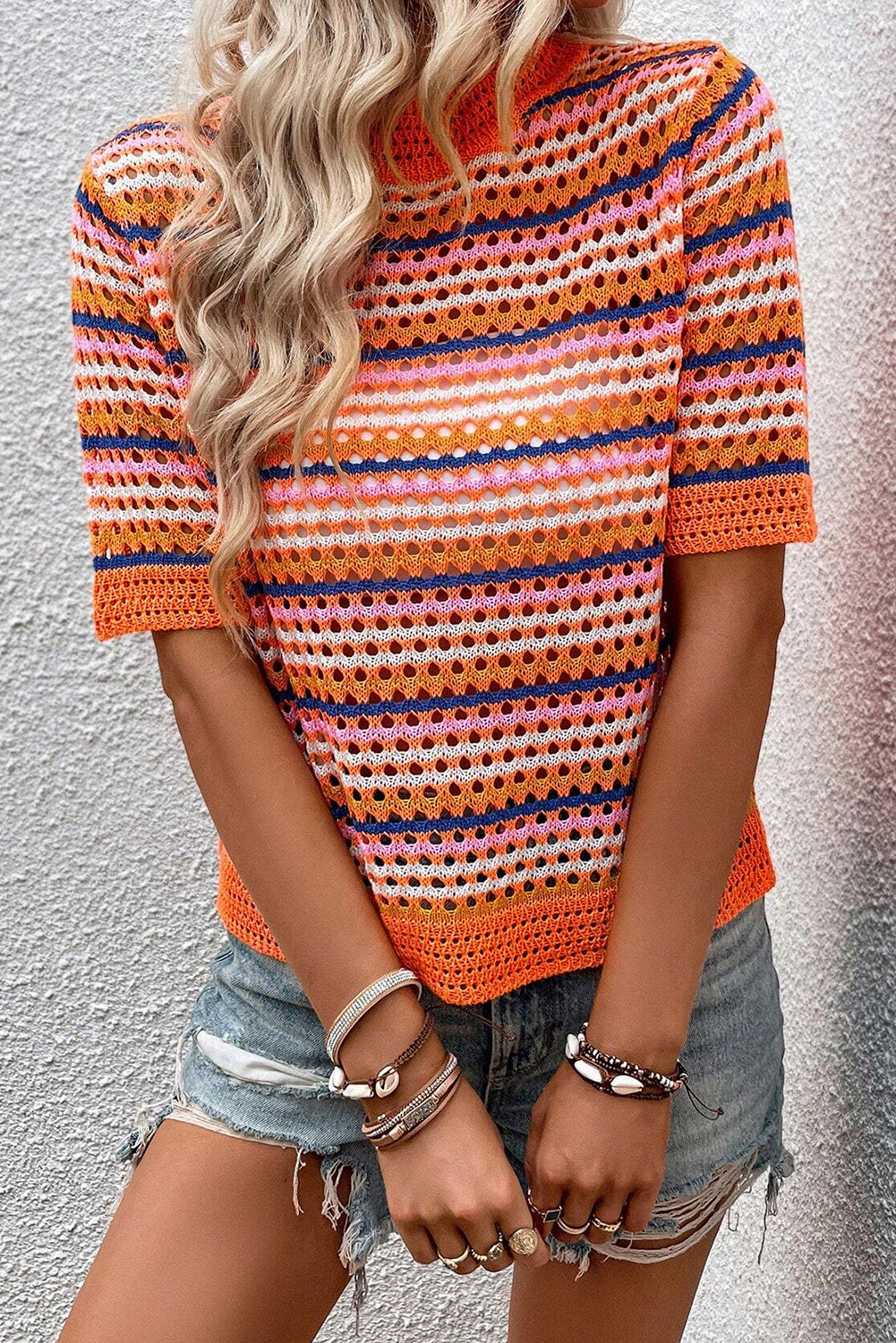 Russet Orange Striped Pattern Contrast Trim Pointelle Knit T Shirt Pre Order Sweaters & Cardigans JT's Designer Fashion