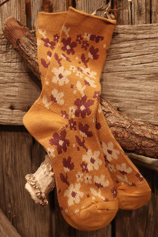 Mustard Vintage Floral Pattern High Ankle Socks Socks JT's Designer Fashion