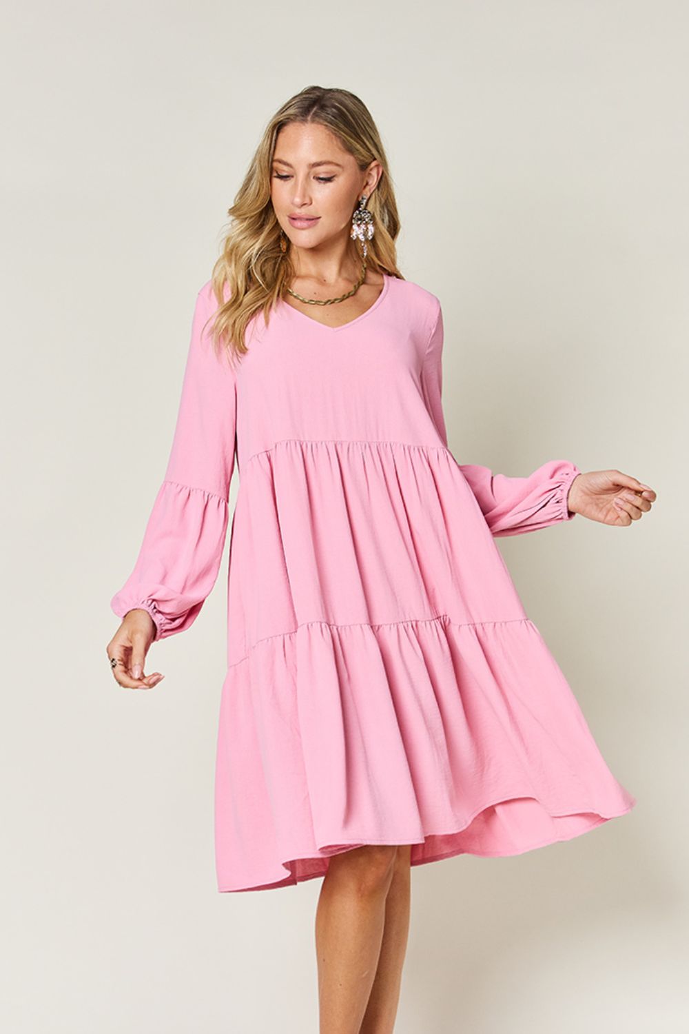 Double Take Full Size V-Neck Balloon Sleeve Tiered Dress with Pockets Mini Dresses JT's Designer Fashion