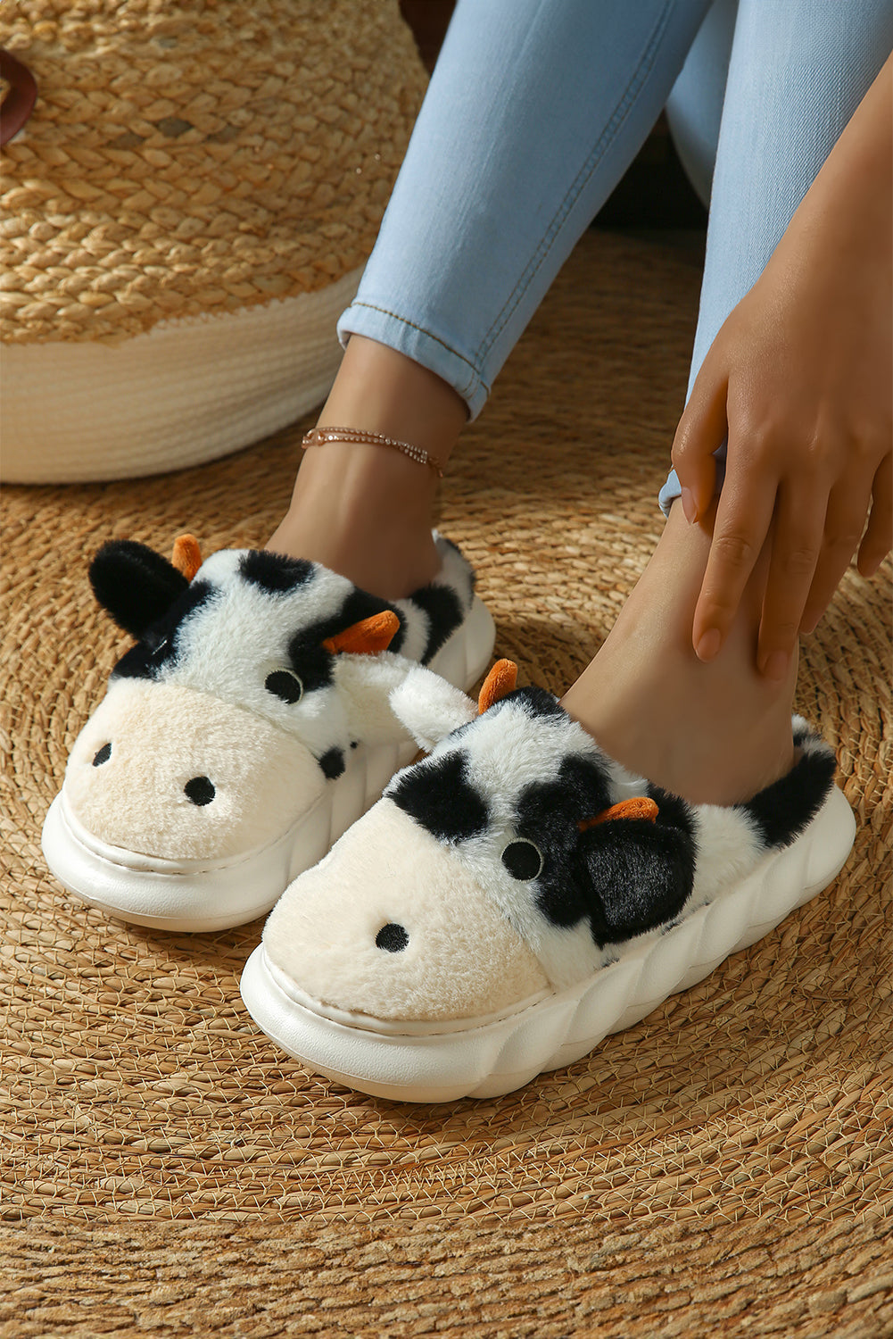 White Cute Cow Thick Sole Plush Thermal Home Slippers Slippers JT's Designer Fashion