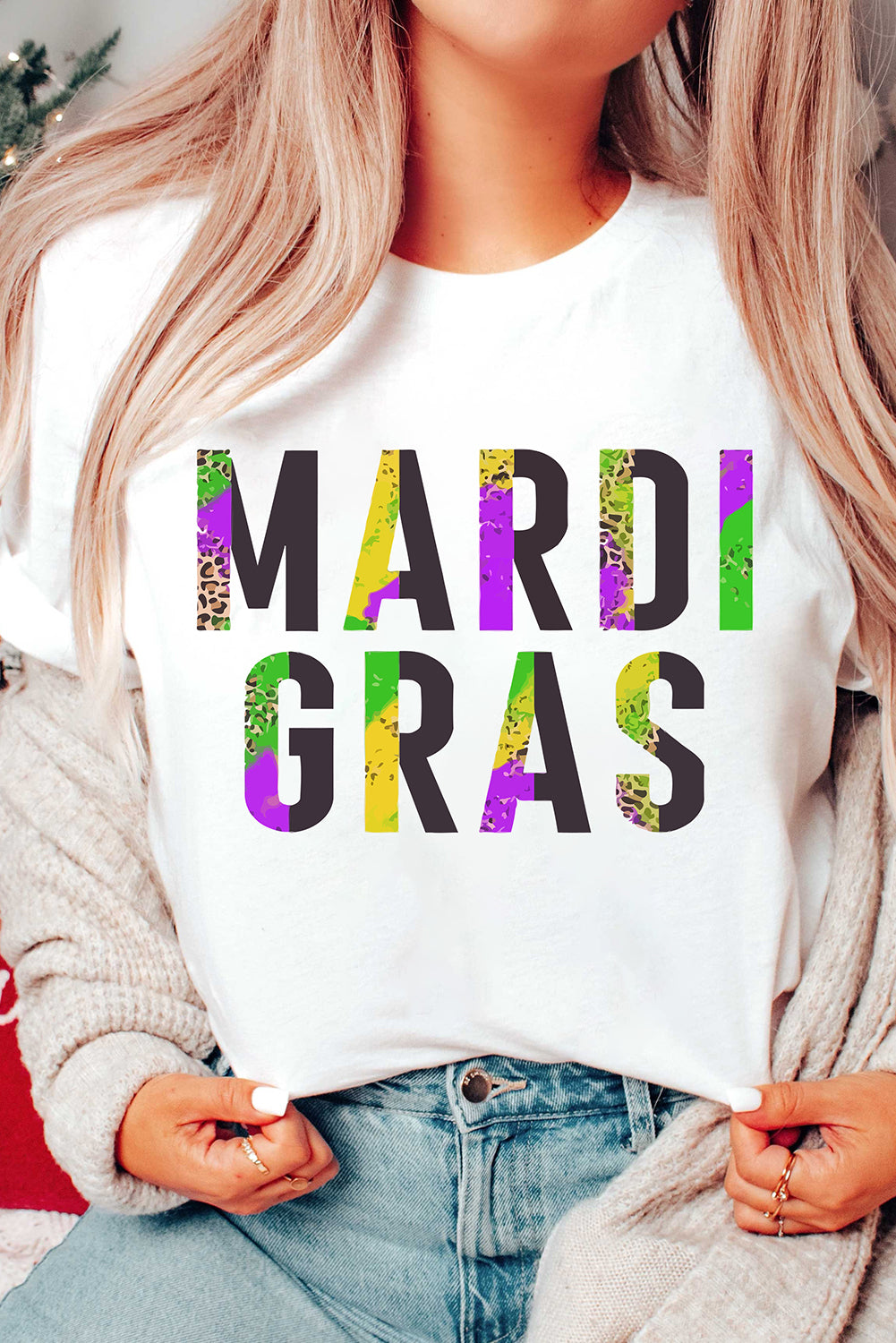 White Crew Neck Mardi Gras T-shirt Graphic Tees JT's Designer Fashion