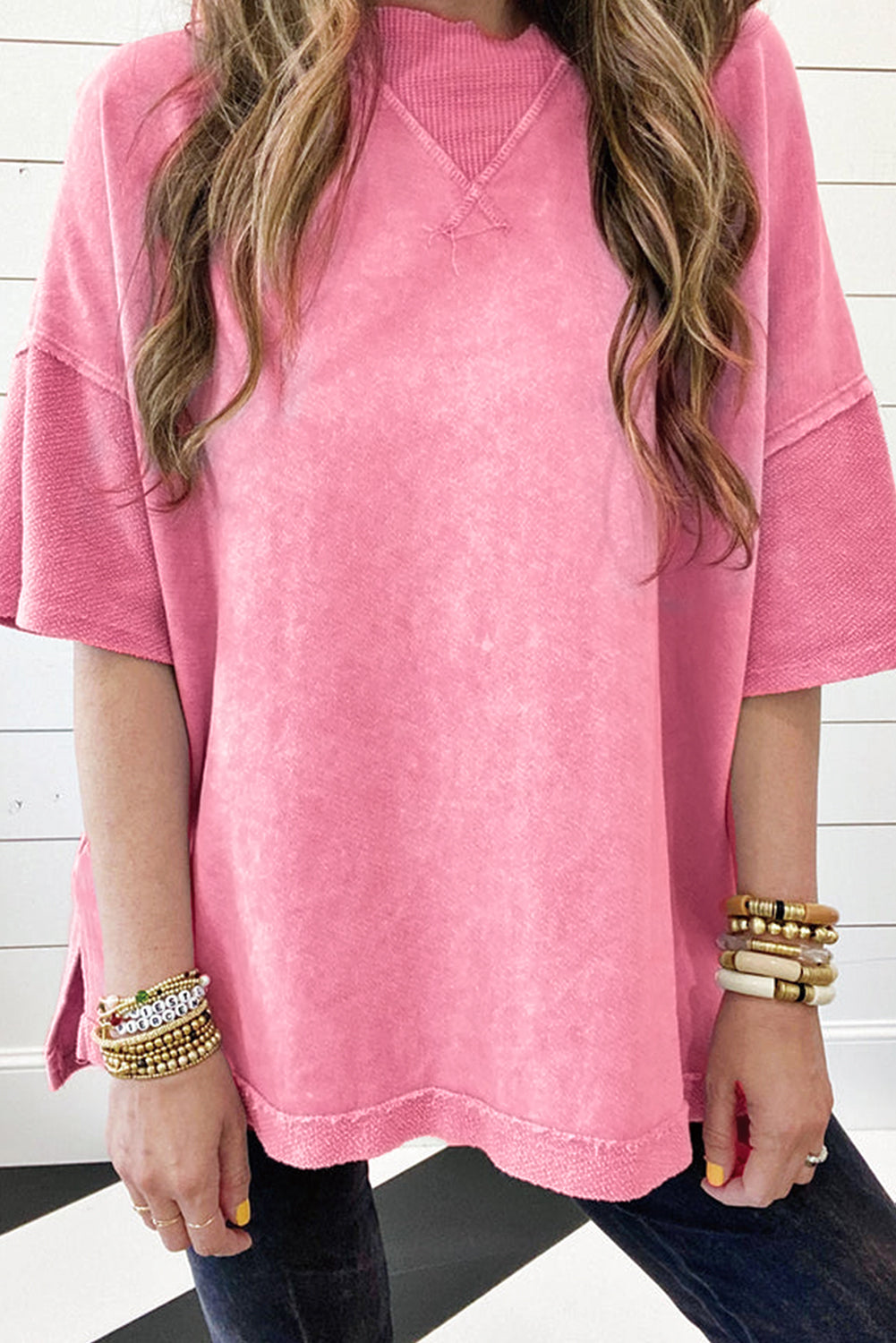 Strawberry Pink Mineral Wash Exposed Seam Drop Shoulder Oversized Tee Tops & Tees JT's Designer Fashion