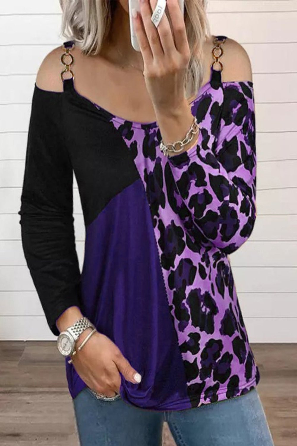 Full Size Leopard Cold Shoulder Long Sleeve T-Shirt Pink Purple Long Sleeve Tops JT's Designer Fashion