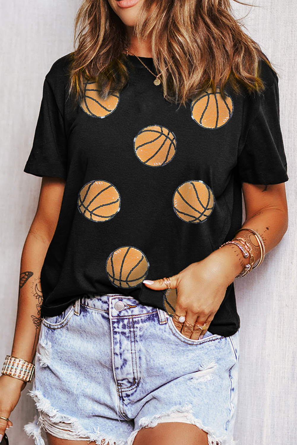 Black Sequin Basketball Graphic Crewneck Game Day T Shirt Graphic Tees JT's Designer Fashion