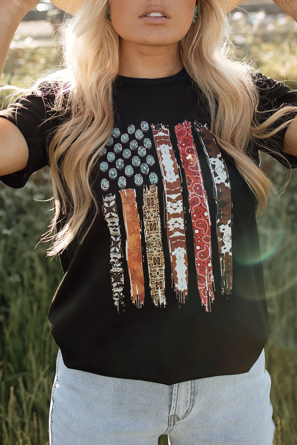 Black Western American Flag Graphic Tee Black 95%Polyester+5%Spandex Graphic Tees JT's Designer Fashion