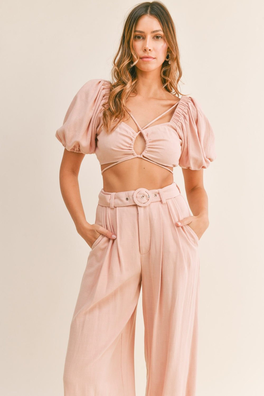 MABLE Cut Out Drawstring Crop Top and Belted Pants Set Pants Sets JT's Designer Fashion