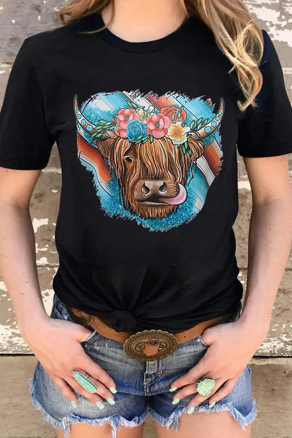 Black Serape Floral Steer Head Graphic Western T-shirt Graphic Tees JT's Designer Fashion