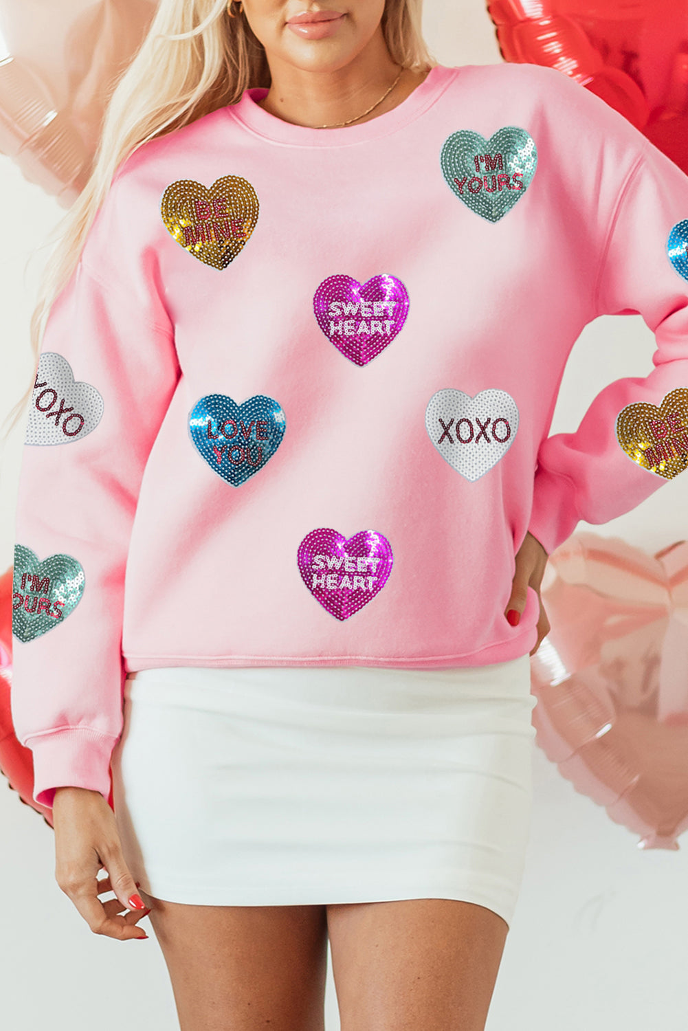 Pink Sequin Romantic Letters Heart Graphic Valentines Sweatshirt Graphic Sweatshirts JT's Designer Fashion