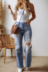 Ashleigh Blue Distressed Raw Hem Straight Leg High Waist Jeans Jeans JT's Designer Fashion