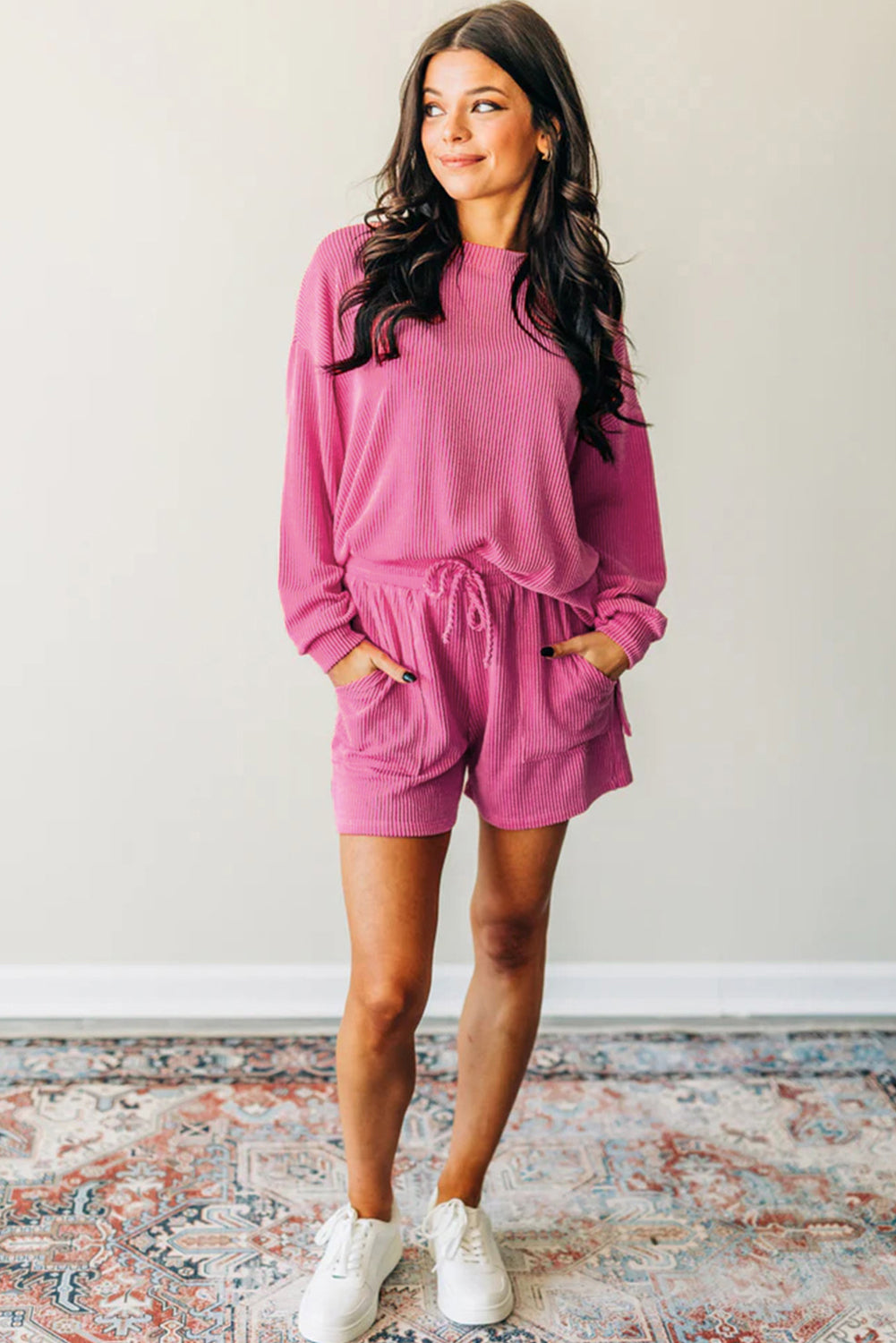 Strawberry Pink Corded Textured Long Sleeve Top and Shorts Set Short Sets JT's Designer Fashion