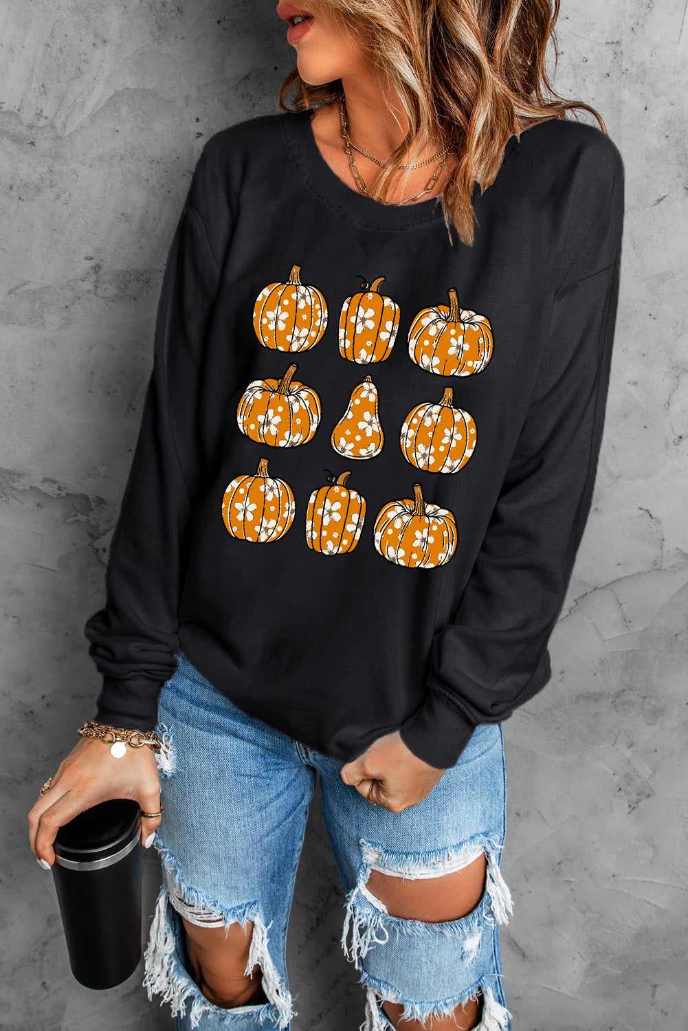 Black Floral Pumpkin Graphic Round Neck Halloween Sweatshirt Graphic Sweatshirts JT's Designer Fashion