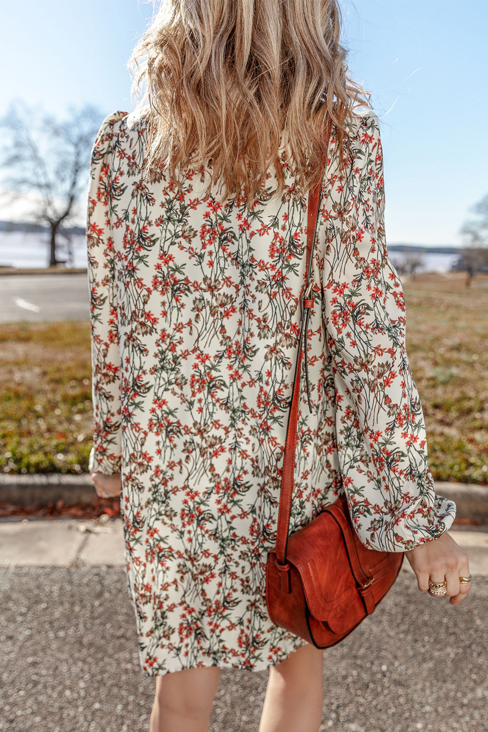 White Floral Printed Long Sleeve Mini Dress Floral Dresses JT's Designer Fashion