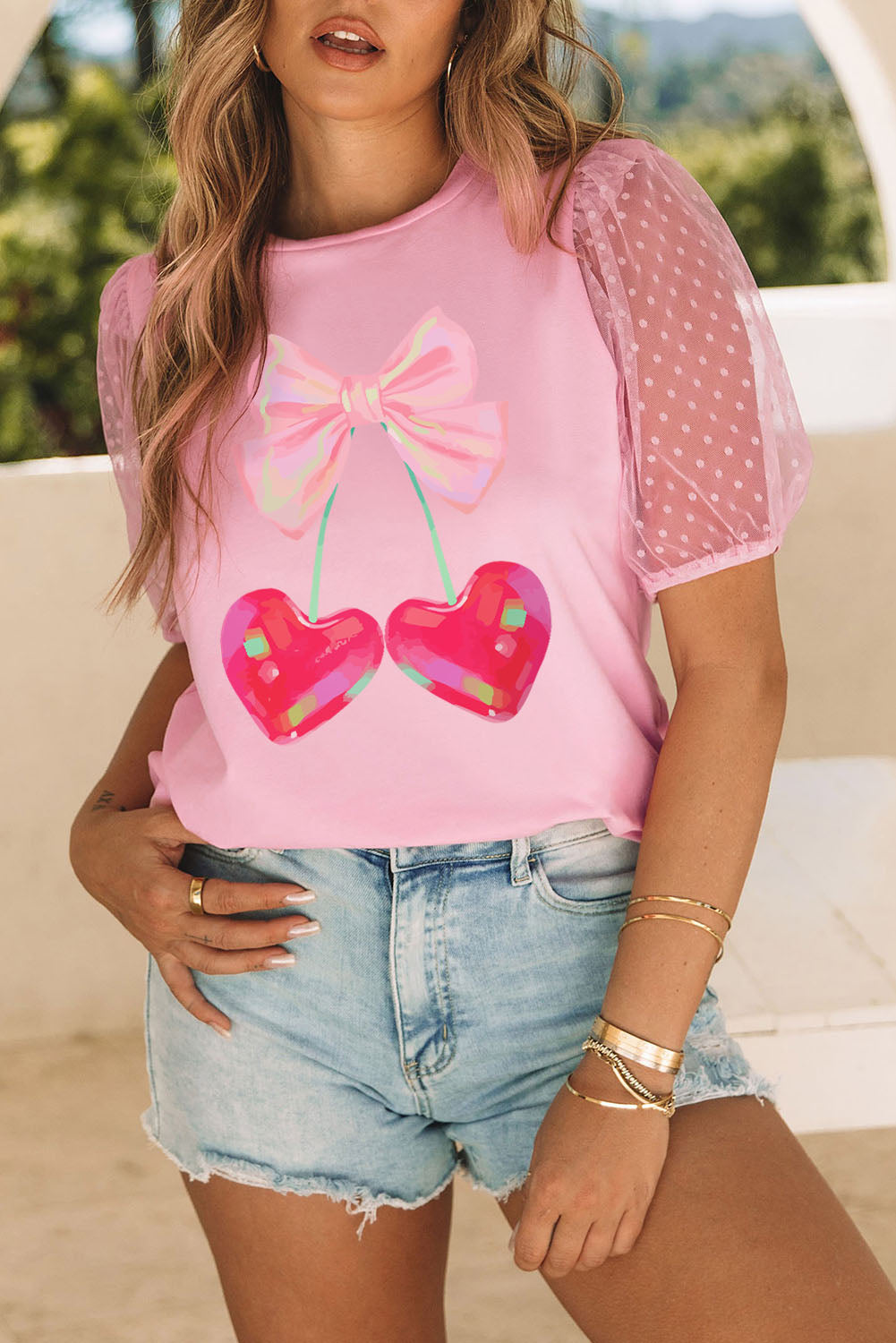 Pink Bow Heart Shape Cherry Print Dotted Mesh Sleeve T Shirt Graphic Tees JT's Designer Fashion