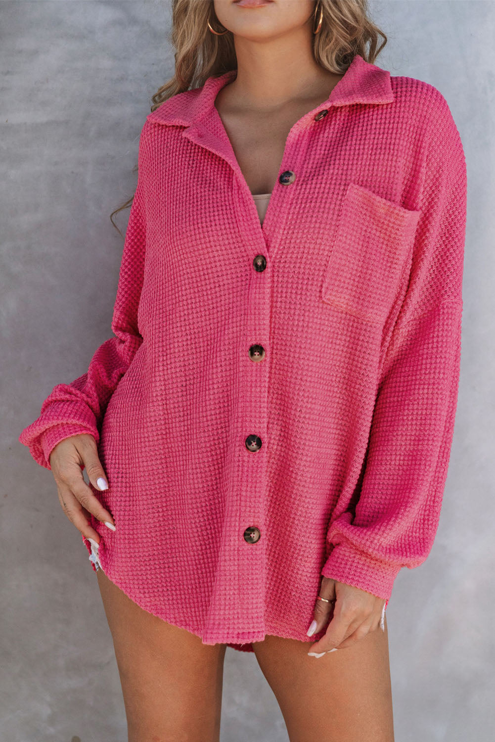 Pink Waffle Knit Button Up Casual Shirt Blouses & Shirts JT's Designer Fashion