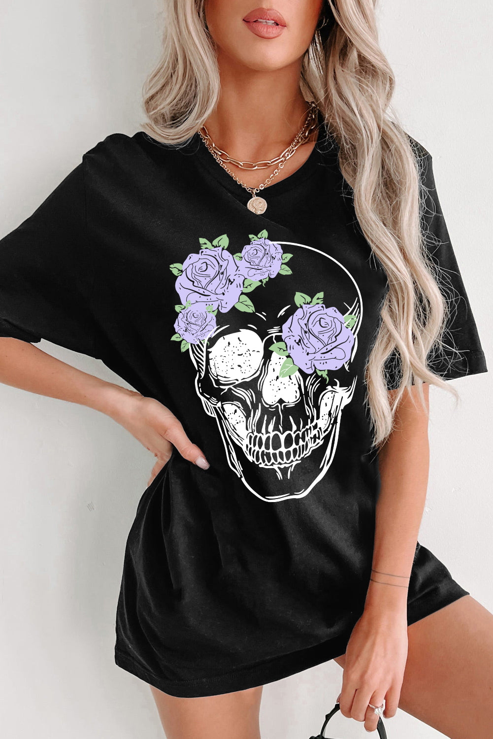 Black Floral Skull Graphic Halloween Tunic T Shirt Graphic Tees JT's Designer Fashion