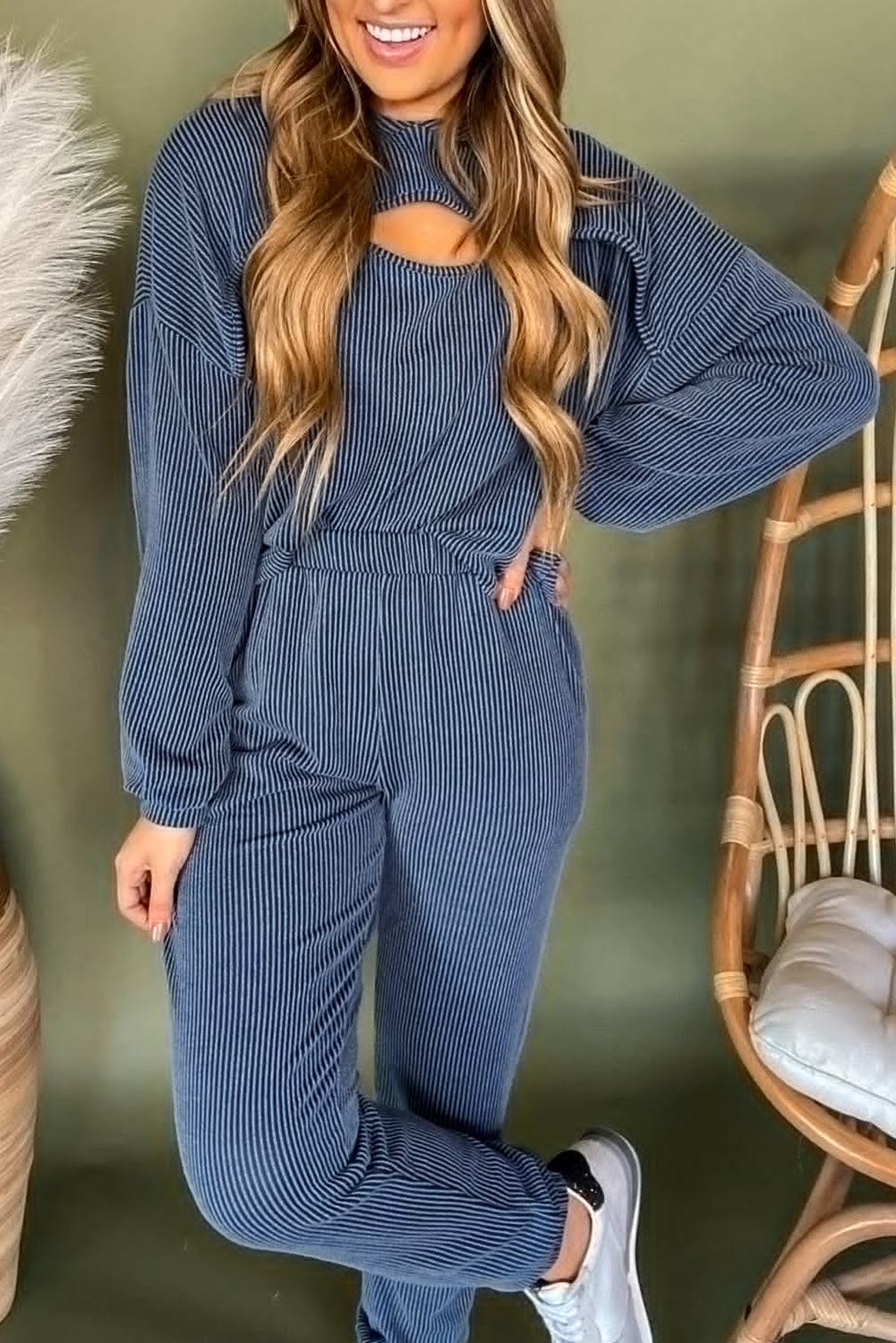 Blue Hollow-out Ribbed Hoodie Pants Casual 2pcs Outfit Pant Sets JT's Designer Fashion