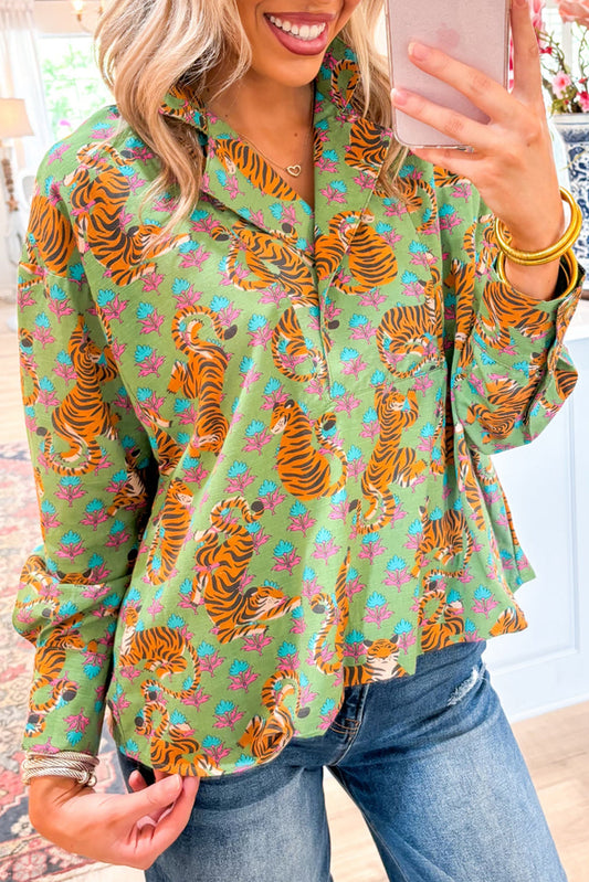 Green Tiger Floral Printed Collared V Neck Casual Shirt Blouses & Shirts JT's Designer Fashion