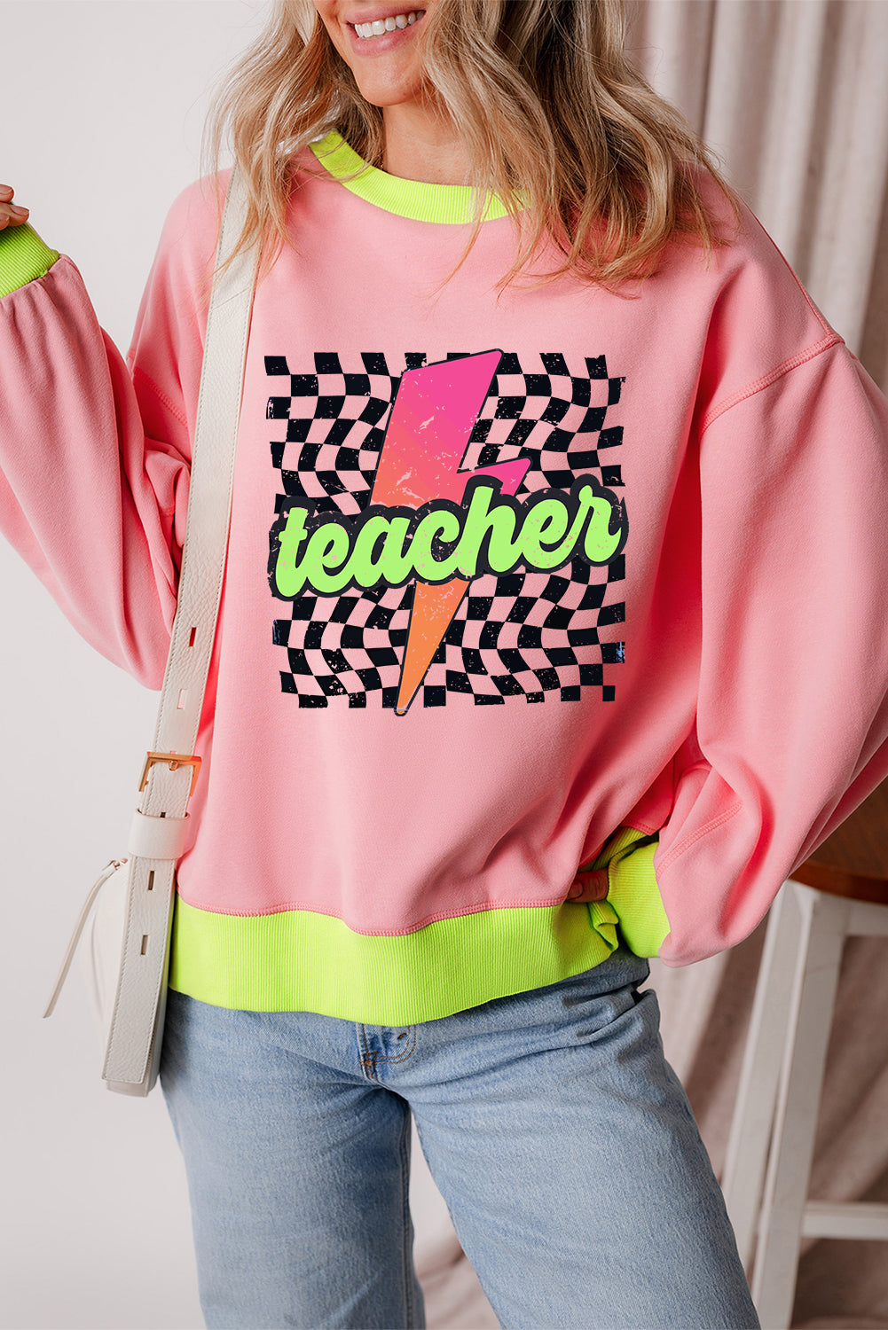 Pink Teacher Lightning Checkered Print Color Block Sweatshirt Graphic Sweatshirts JT's Designer Fashion