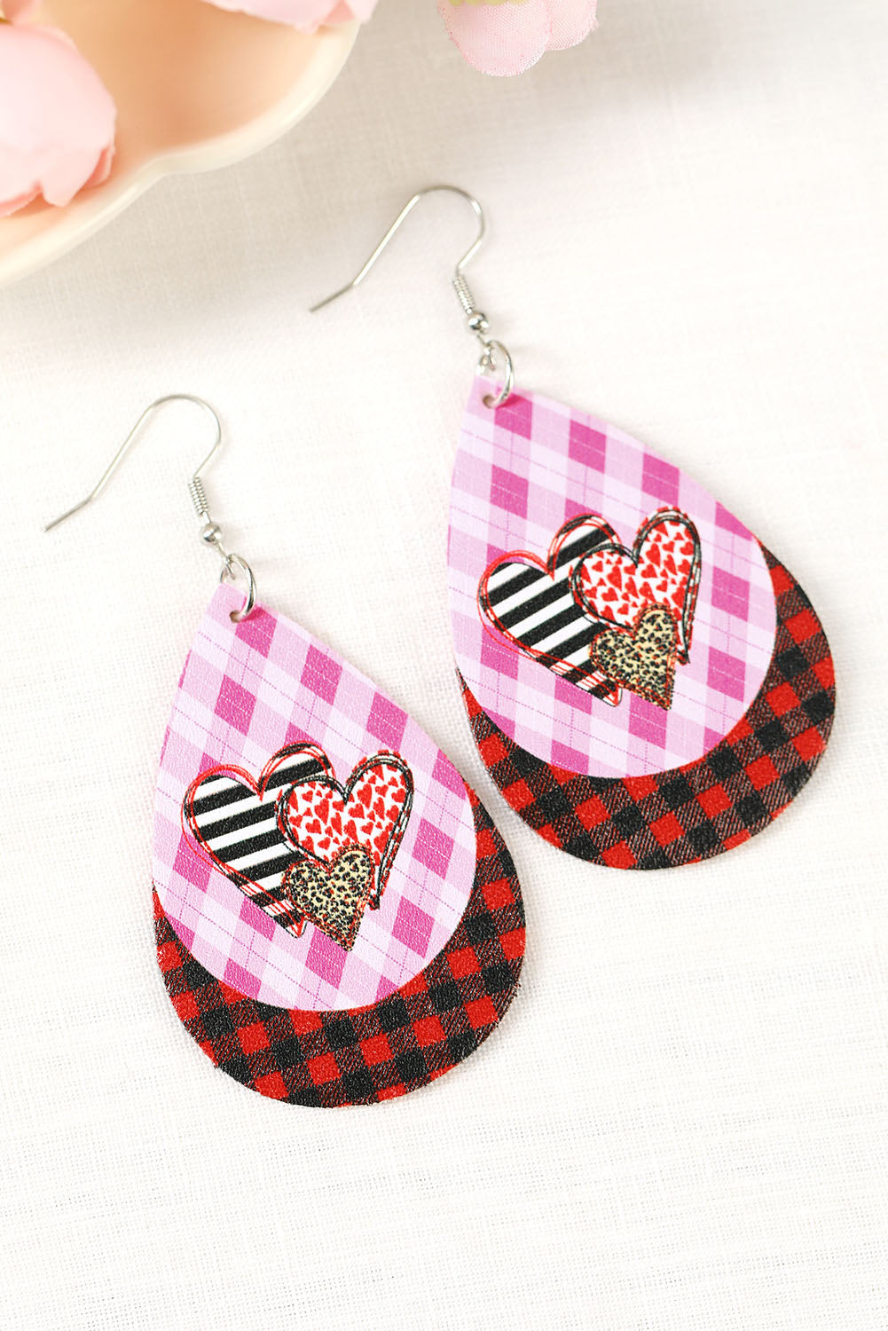 Pink Valentine's Day Heart & Plaid Print Layered Earrings Jewelry JT's Designer Fashion