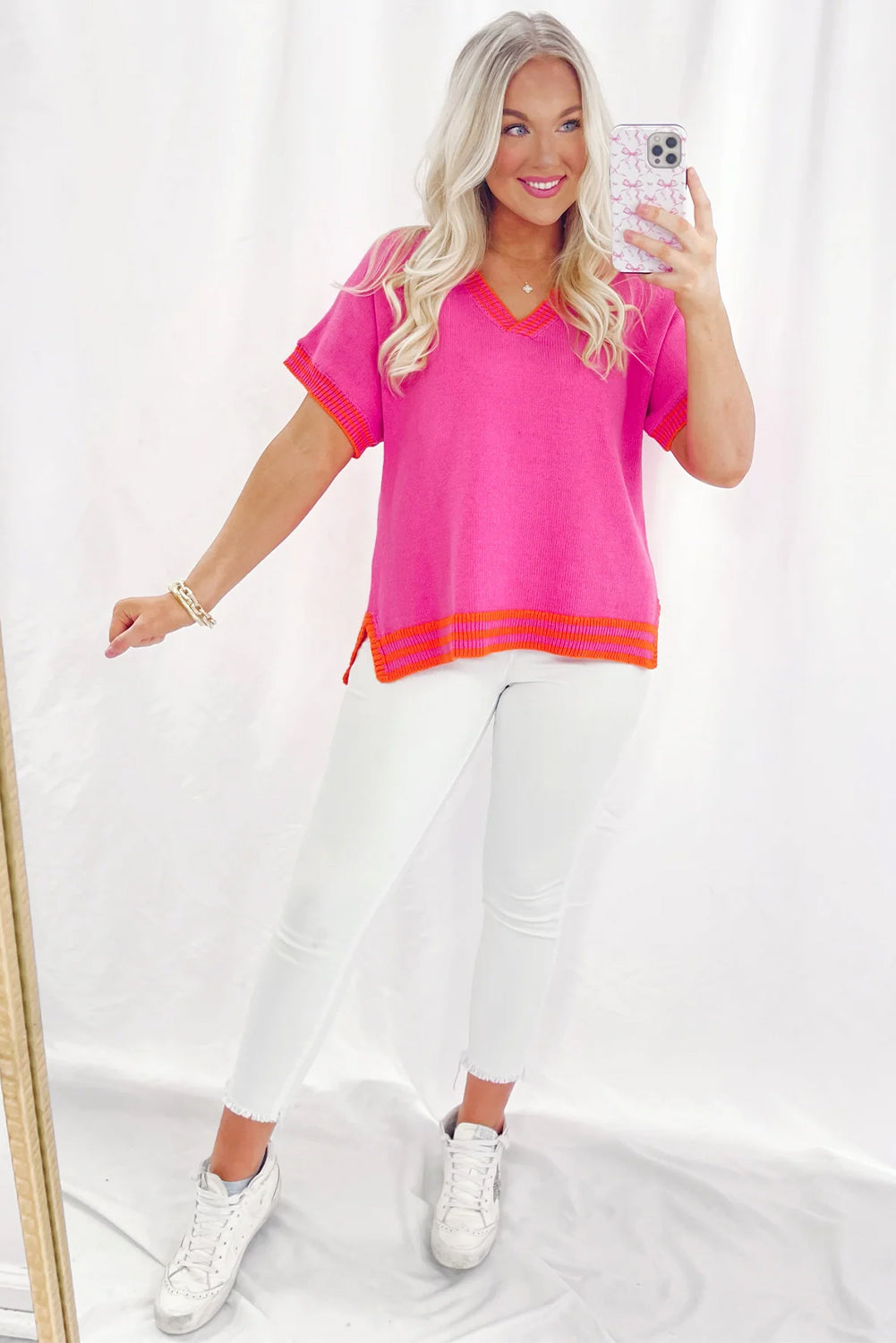 Bright Pink Contrast Trim V Neck Short Sleeve Knitted Summer Top Pre Order Sweaters & Cardigans JT's Designer Fashion